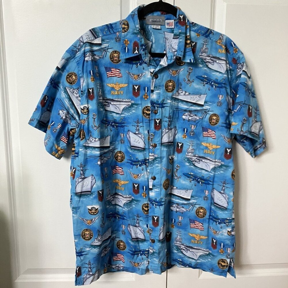 Vintage High Seas Shirt Mens M Navy Hawaiian Camp‎ Button Up Made in USA